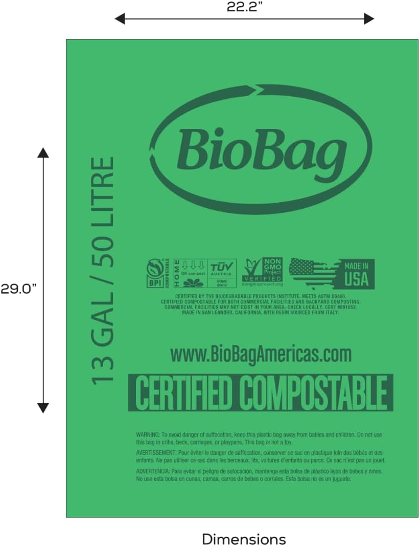 13 Gallon Tall Kitchen Compostable Trash Bags by , 48 Count, BPI Certified, Meets ASTM D6400 Standards, Made in USA, Food Scrap Bin Liners